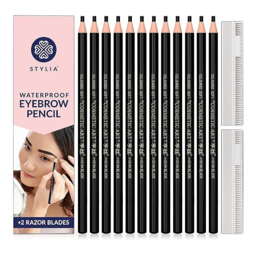 Stylia Waterproof Eyebrow Pencil Set ( 12 Pieces - Black ), Eyebrow Pen-cil, Eye Brow Pencils for Women Makeup, Microblading Long Lasting Eyebrow Pencil Liners for Marking, Filling And Outlining Eyebrow