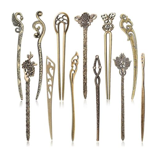 12 Pieces Chinese Women Hair Sticks, AUHOKY 12 Styles Vintage Bronze Decorative Hair Pin Chopsticks, Antique Retro Hair Forks for Hair DIY Accessory