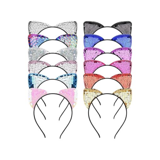 WXJ13 12 Pieces Cat Ears Headbands Cute Cat Headbands Sequins Headbands Hair Accessories for Girls and Women, 12 Colors