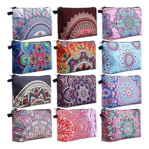 Sanwuta 12 Pieces Cosmetic Bags Makeup Bags Printed Mandala Flower Roomy Toiletry Bag Waterproof Beauty Bag Organizer Pouches with Zipper Travel Accessories for Women Girls, Sanwuta-01