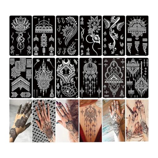 XMASIR 12 Sheets Henna Tattoo Stencils, Glitter Airbrush Hand Temporary Tattoo Stickers Indian Arabian Self Adhesive Tattoo Templates ( S5-12P )