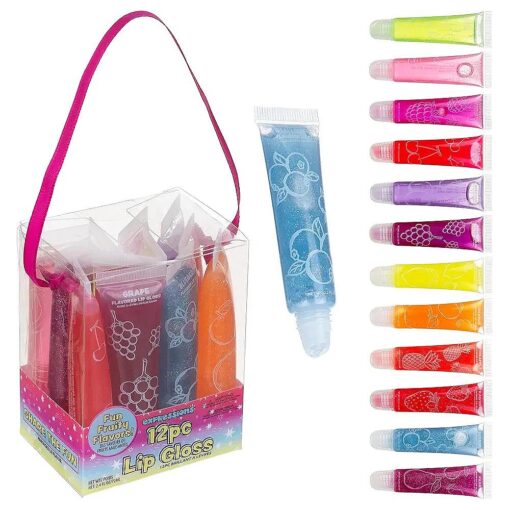 Expressions 12 pc Lip Gloss Set, Flavored Lipgloss Squeeze Tubes with Carrying Case, Lip Gloss Set Value Pack, Assorted Fruit Flavored Lip Glosses, Kid-Friendly Non Toxic Makeup ( 12 )