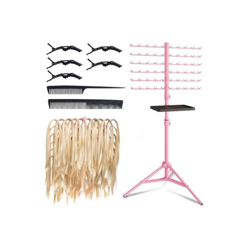 120-Peg Braiding Hair Rack Standing, with Salon Tray Hair Extension Holder Hanger, Hair Divider Rack for Braiding Hair Separator Stand, Hair Braiding Rack Display Stand for Hairstylist Braiders, Pink