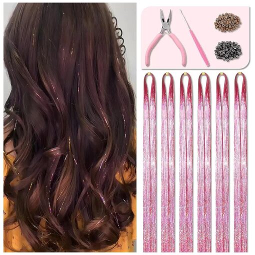 Pink Fairy Hair Tinsel Kit 48 Inches 1200 Strands with Tools and Instruction Easy to Install Glitter Tinsel Hair Extensions for Women and Girls, Shinny Sparkling Braiding Hair Accessories for Halloween Cosplay Party