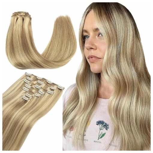 Clip in Hair Extensions, 22 inch 120g Light Blonde Highlighted Golden Blonde Clip in Hair Extensions Real Human Hair 7pcs Straight Double Weft Human Hair Clip in Hair Extensions