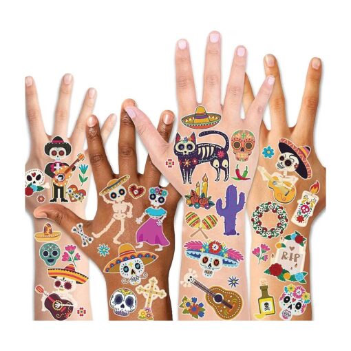 Konsait 125pcs Mexican Day Of The Dead Temporary Tattoos, Halloween Transfers Tattoo for Women Men Adult Kids Cinco de Mayo Celebration Halloween Festival Carnival Party Favor Supplies