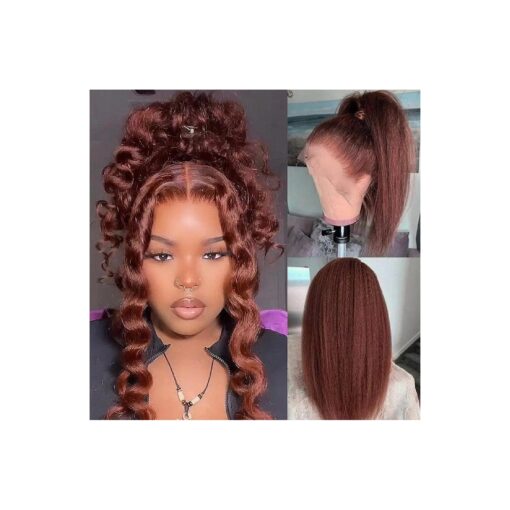 YIROO Hair Reddish Brown Kinky Straight Human Hair Wig 13x4 Lace Front Wigs for Black Women 12A Brazilian Remy Hair Yaki Straight Brown Lace Frontal Wig Pre Plucked with Baby Hair 180 % Density 18 Inch