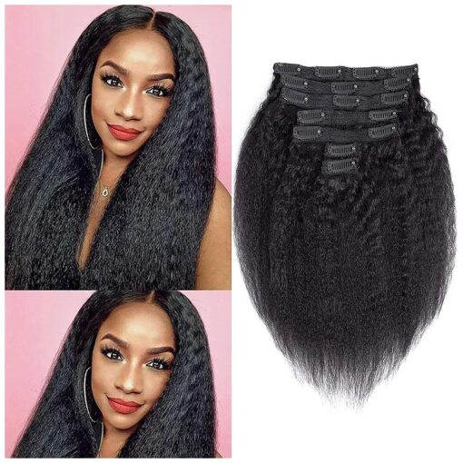 Afro Kinky Straight Clip In Human Hair Extensions for Black Women 10A Brazilian Clip ins Human Hair Coarse Yaki Clip Ins Hair Extensions Natural Kinky Straight Clip in Hair Extensions ( 12Inch )