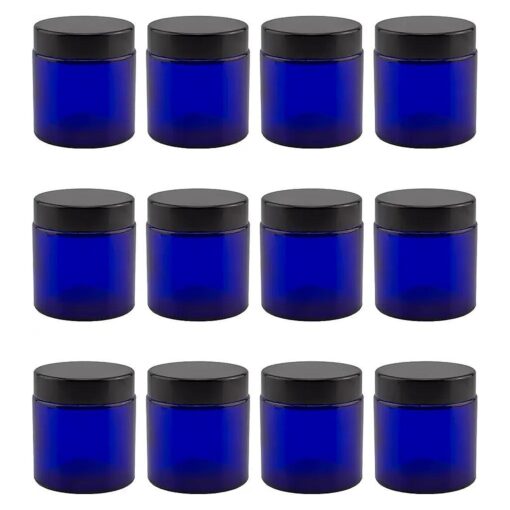 4-Ounce Cobalt Blue Glass Straight Sided Cosmetic Jars ( 12-Pack ) ; 120 ml, Capacity, BPA-Free Lids