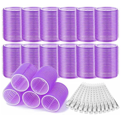 Hair Curlers Rollers, 12Pcs Big Hair Rollers Self Grip Holding Curlers with 12Pcs Stainless Steel Duckbill Clips for Long Medium Thick Hair Volume ( Purple )