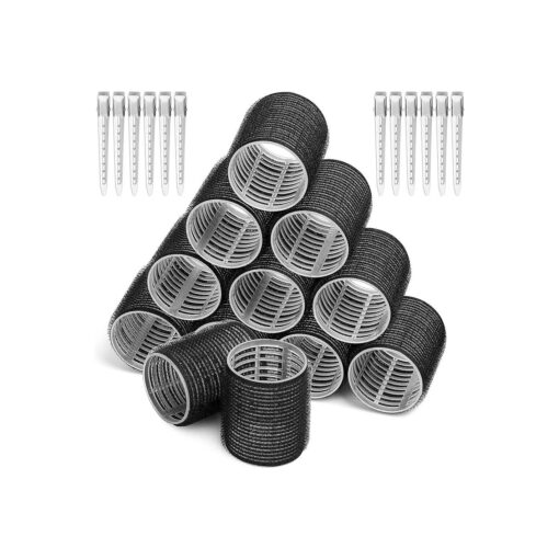 Hair Curlers Rollers, 12Pcs Big Hair Rollers Self Grip Holding Curlers with 12Pcs Stainless Steel Duckbill Clips for Long Medium Thick Hair Bangs Volume ( Black )