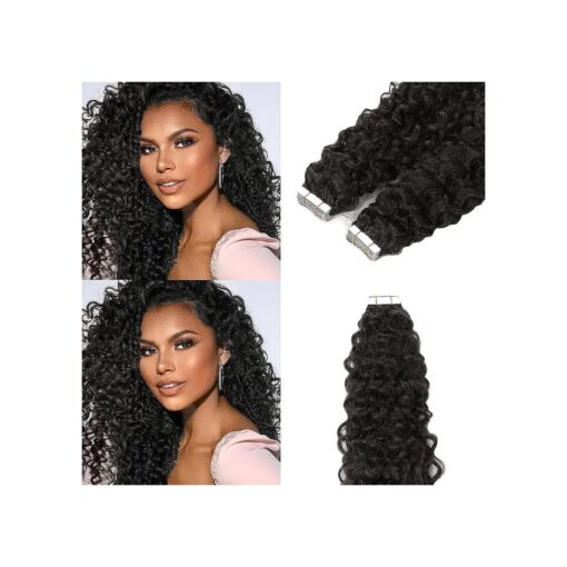 Loxxy Brazilian Curly Tape in Hair Extensions Human Hair Black Women 12inch Natural Black Color # 1B Jerry Curly Tape ins Human Hair 3c Remy hair Extensions Double Sided Invisible 16pcs 40grams