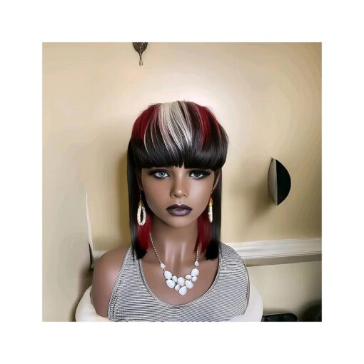 12inch Mullet Short Straight Bob Human Hair Wigs With Bangs O Scalp Top None Lace Brazilian Straight Human Hair Wig Mullet Pixie Cut Wigs for Black Women Glueless Wigs ( 1b/613/530, 12inch )