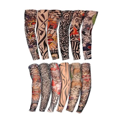 12pcs Art Fake Temporary Tattoo Sun Protection Compression Arm Sleeves Temporary Tattoo Arm Sleeves ( random color )