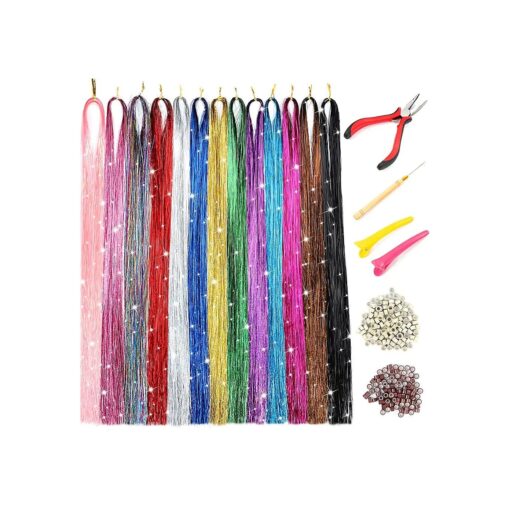 Hair Tinsel Kit, 47 Inch 13 Colors Hair Tinsel Extensions With Tools 2600 Strands Fairy Hair Tinsel Heat Resistant For Women Girls Sparkling Christmas New Year Halloween Cosplay Party ( 13 pcs/pack )