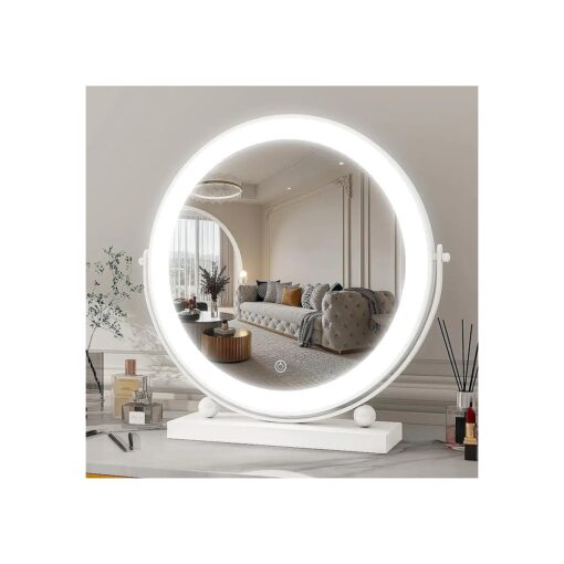 13 Inch Vanity Mirror with Lights, Round Make Up Mirror with Lighting, LED Mirror Makeup Mirror with Lights for Bedroom Tabletop, Smart Touch Control, 360deg Rotation ( White )