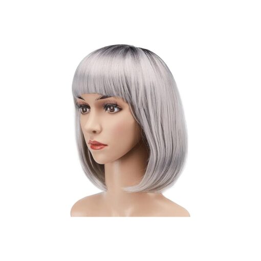 AGPTEK 13 Inches Straight Heat Resistant Short Bob Hair Wigs with Flat Bangs for Women Cosplay Daily Party - Grey