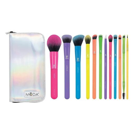 MODA Totally Electric 13pc Full Face Makeup Brush Set, Includes - Powder, Complexion, Blush, Shader, Smudger & Crease Brushes with Zip Case ( Multi-colored )