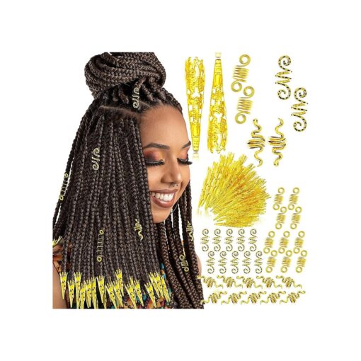 RechicGu 130 Pieces Locs Hair Jewelry for Women Goddess Dreadlocks Accessories kit Faux Locs Beads, Braids Hair Cuffs Decoration Charms ( Gold )