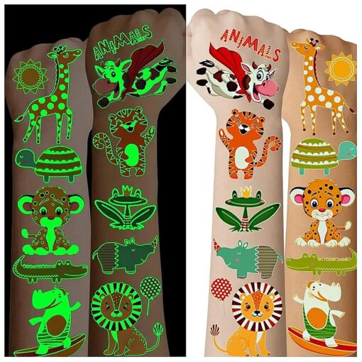 136 Styles Luminous Animals Temporary Tattoos for Kids Gifts, Jungle Theme Party Supplies Favors for Boys and Girls, Safari Zoo Wild One Birthday Decorations Toddlers Tatoo-10 Sheets