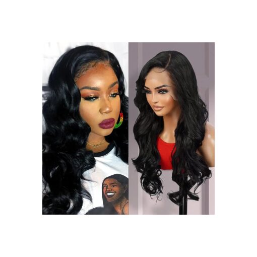 GLAM21USA Invisible HD LACE Front Wig Loose Wave 13X6 Transparent Lace Frontal Wigs Human Hair Blend PrePlucked Swiss Lace Curly Long Synthetic Wig - Bella ( Neutral HD Lace, 1-JETBLACK )