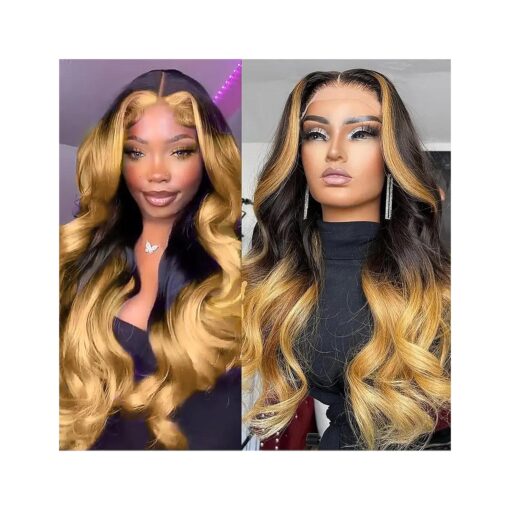 1b/27 Ombre Honey Blonde Wig Human Hair 13x4 Lace Front Skunk Stripe Wig Black Light Brown Highlight Wig Body Wave Glueless Human Hair Lace Frontal Wigs Pre Plucked Colored 18 Inch 150 % Density