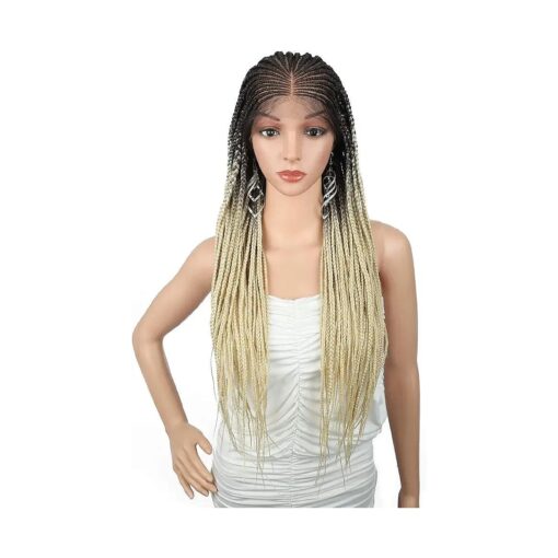 Kalyss 13x6 Hand Braided Synthetic Lace Front Wigs with Baby Hair Natural Parting Lightweight Braiding Hair Cornrow Wig Ombre Brown to Blonde Lace Frontal Twist Braids Wigs for Women 31 Inches