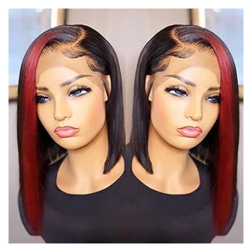 Red Highlight Straight Bob Lace Front Wig 13x6 T Part Brazilian Human Hair Wigs Pre Plucked Remy Burgundy Wine Red Hair 180 % Middle Deep Parting Virgin Hair Wigs for Women ( 12inch, 13X6X1 T Parting )