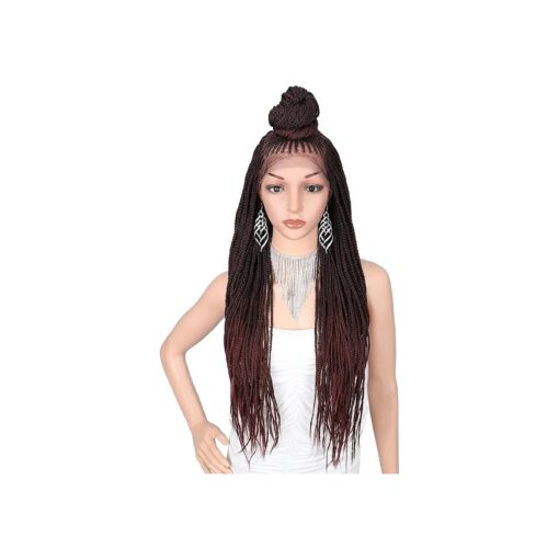 Kalyss 13X7" Lace Front Cornrow Braided Wigs for Women Updo Bun Box Braid Wig 30 Inches Burgundy Synthetic Updo Braid Wig Cornrow Braided Lace Front Wigs with Baby Hair