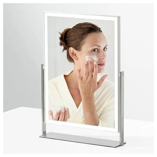 Vanity Mirror with Lights, 14 inch Makeup Mirror with 3 Color Light, Tabletop Plug in LED Mirror with Stainless Steel Stand Base