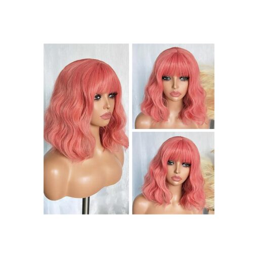 SOKU Short Wavy Pink Wigs for Women 14 Inch Pastel Peachy Short Curly Bob Wig with Bangs Peach Pink Halloween Synthetic Heat Friendly Wigs Pink Cosplay Costume Wig for Daily Party Use