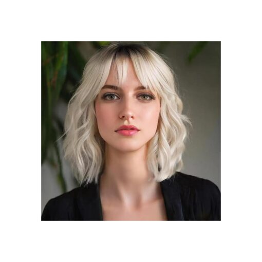 Platinum Blonde Wig with Bangs for Women 14 Inch Short Bob Wavy Curly Wig Ombre Blonde Hair Wigs Heat Resistant Synthetic Wigs