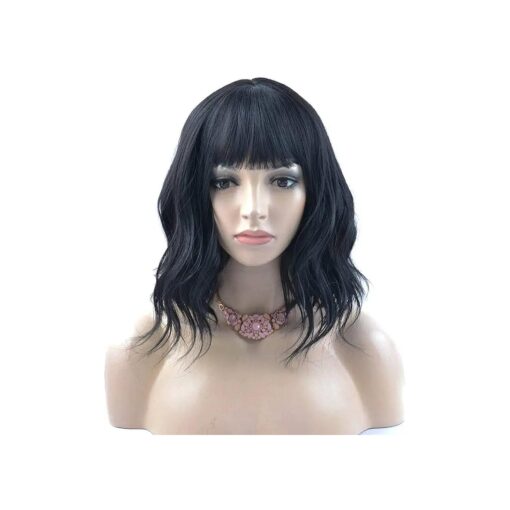 BERON 14 Inches Black Wig Short Wavy Wig Black Wigs with Bangs Bob Wig Black Wig for Women Wig Cap Include