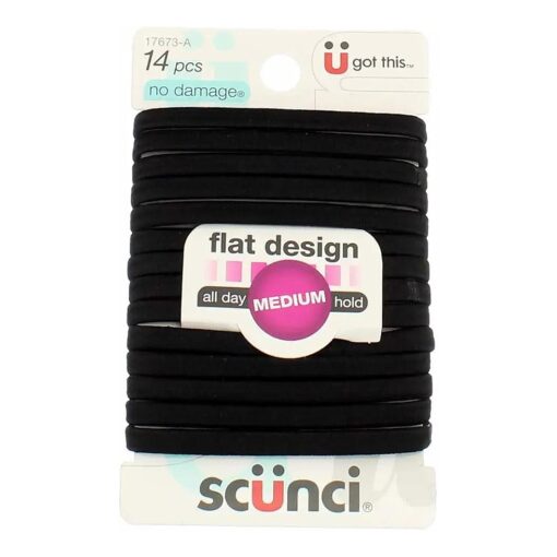 Scunci No-Damage Comfortable Black Hair Ties, Flat Design All-Day Hold, 14-Pieces per Pack ( 3-Packs )