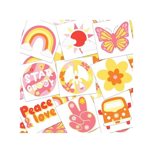 144 Pcs Groovy 70s Temporary Tattoos Kids Hippie Tattoos Butterfly Flower Love Peace Lucky Tattoos Rainbow Cartoon Waterproof Face Tattoos Sticker for Party Favor Decor ( Cute Pattern )