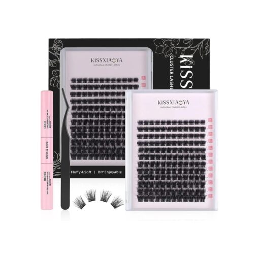 KISSXIAOYA Cluster Eyelash Extensions Kit, DIY Lashes Extension Kit with Lash Bond & Seal and Applicator, 144 Pcs 0.10mm 56D 9-15mm Mixed Wide-stem Lash, Individual at Home ( Cluster Kit )