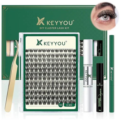 DIY Lash Extension Kit KEYYOU 144pcs Lash Clusters Eyelash Extension Kit with Mascara Brush Bond and Seal Lash Glue Remover Lash Applicators Lash Brush Clean Pad for DIY Lash Extensions ( Y01 Kit )