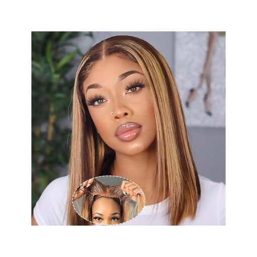 V SHOW 14Inch Highlight Ombre Wear and Go Glueless Bob Wig Human Hair Pre Plucked Pre Cut Blonde 4/27 Transparent Lace Front Straight Short Bob Wig Human Hair Natural Hairline for Women