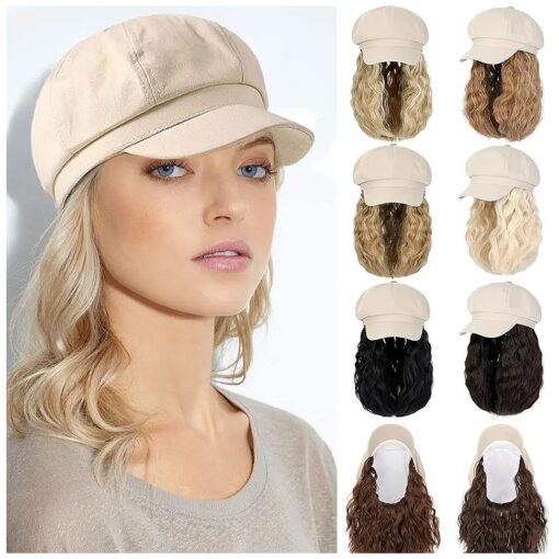 Qlenkay Newsboy Cap with Bob Hair Extensions Short Curly Wavy Wig Hat 8 Panel Visor Beret Attached Synthetic 14" Hairpiece for Woman Ash Blonde Mix Bleach Blonde