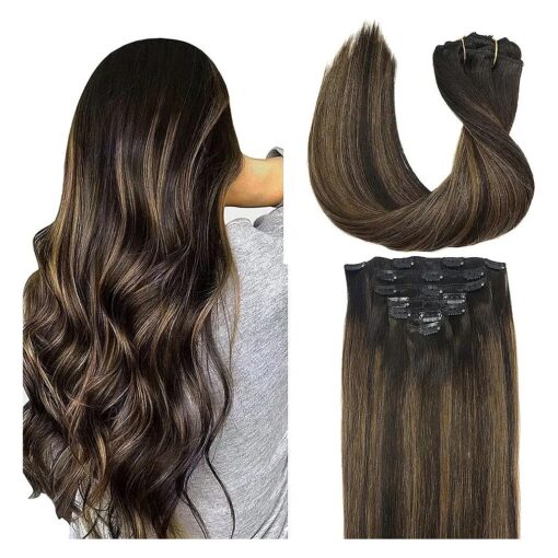 GOO GOO Clip in Hair Extensions Real Human Hair, 14inch 120g 7Pcs, 2/6/2 Balayage Dark Brown to Chestnut Brown, Remy Human Hair Extensions Clip ins for Women, Natural Human Hair