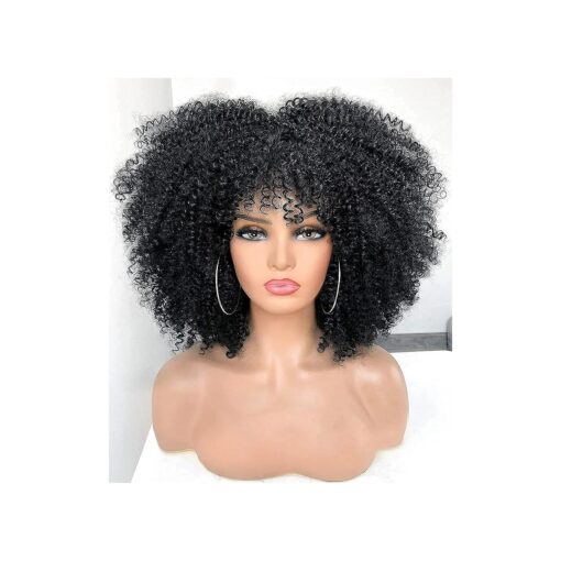 Annivia 14inch Afro Kinky Curly Wig with Bangs for Black Women No Glue Full and Fluffy Like a Bomb Short Curly Hair Wigs ( Black )