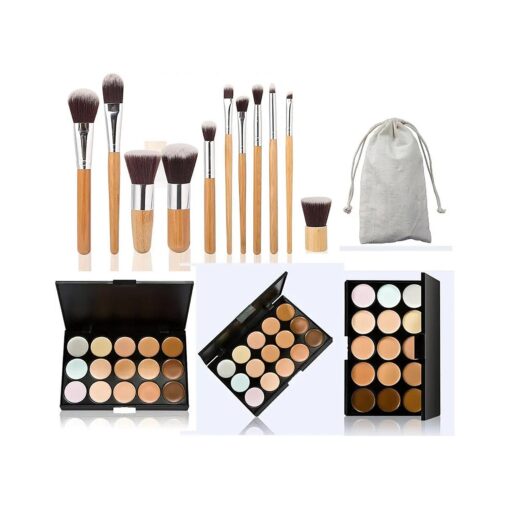 Pure Vie 15 Colors Cosmetics Cream Contour and Highlighting Makeup Kit, Color Correcting Cream Concealer Camouflage Makeup Palette + 11 Pcs Foundation Powder Concealer Eye Shadows Makeup Brushs