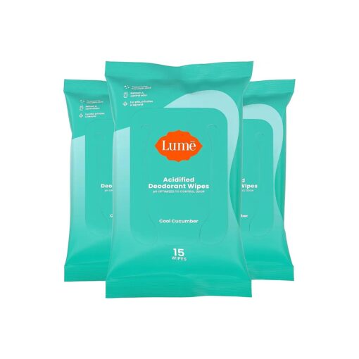 Lume Acidified Deodorant Wipes - 24 Hour Odor Control - Aluminum Free, Baking Soda Free, Skin Loving - Flushable - 15 Count ( Pack of 3 ) ( Cool Cucumber )