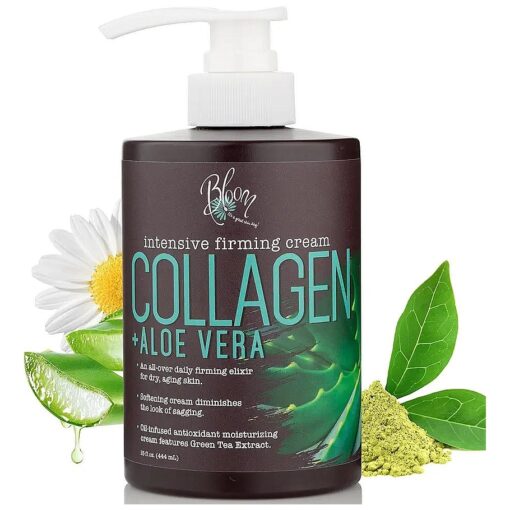 BLOOM Collagen Cream + Aloe Vera Moisturizer Body Lotion & Face Cream | Dry Skin Rescue Collagen Lotion | Skin Tightening Cream | Skin Firming + Tightening Lotion | Body Skin Care Products, 15 Oz