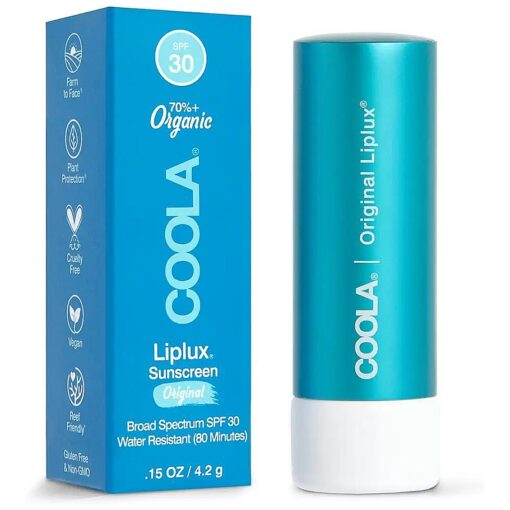 COOLA Organic Liplux Lip Balm and Sunscreen with SPF 30, Dermatologist Tested Lip Care for Daily Protection, Vegan and Gluten Free, 0.15 Oz