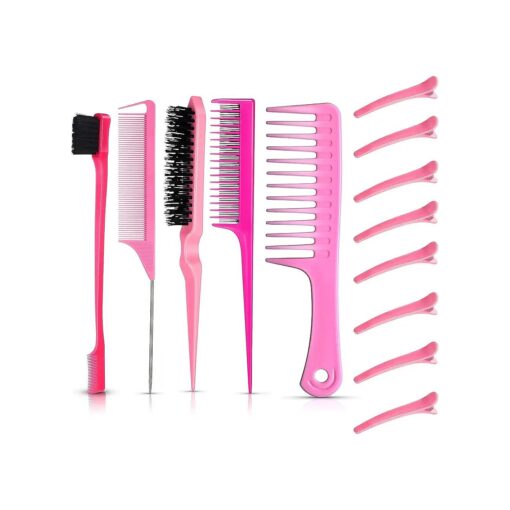 15 Pieces Teasing Brush Set Boar Bristle Hair Brush Fluffy Hair Brush Rat Tail Comb Triple Teasing Comb Dual Edge Hair Brush with 10 Duckbill Clips for Women Girl ( Pink and Black )