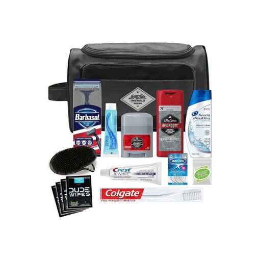 Men 's Premium 15-Piece Kit wth Travel Size TSA Compliant Essentials, Featuring : Head & Shoulders Dandruff Shampoo Classic Clean and Palm Scalp Brush in Black Dopp Bag