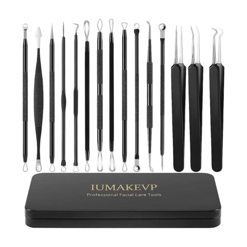 Pimple Popper Tool Kit, IUMAKEVP 15 PCS Professional Stainless Steel Blackhead Remover Comedone Extractor Tools for Removing Pimples, Blackheads, Zit on Face - Acne Removal Kit with Metal Case ( Black )