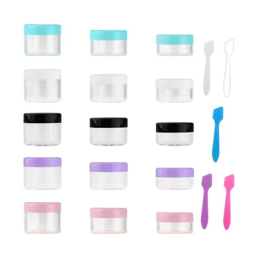 Accmor 15 Pieces Empty Clear Plastic Sample Containers with Lids 10/15/ 20 Gram Size Cosmetic Pots Jars with 5 Pieces Mini Spatulas