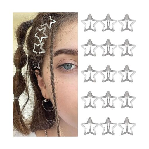 Star Hair Clips 2000s Y2K Snap Hair Barrettes Non Slip Star Hair Accessories Silver Metal Hair Clips for Girls Women -15 PCS 1.18"